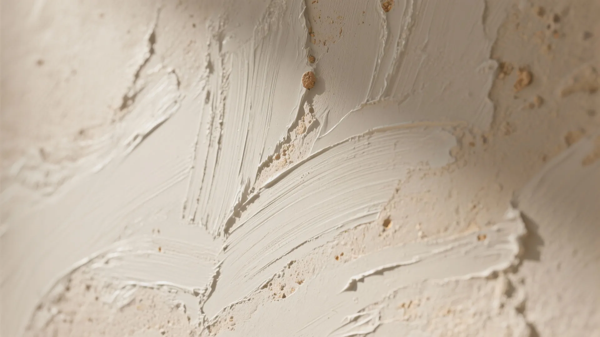 Close up of beige wall panel showing textured brush strokes and rough plaster surface detail