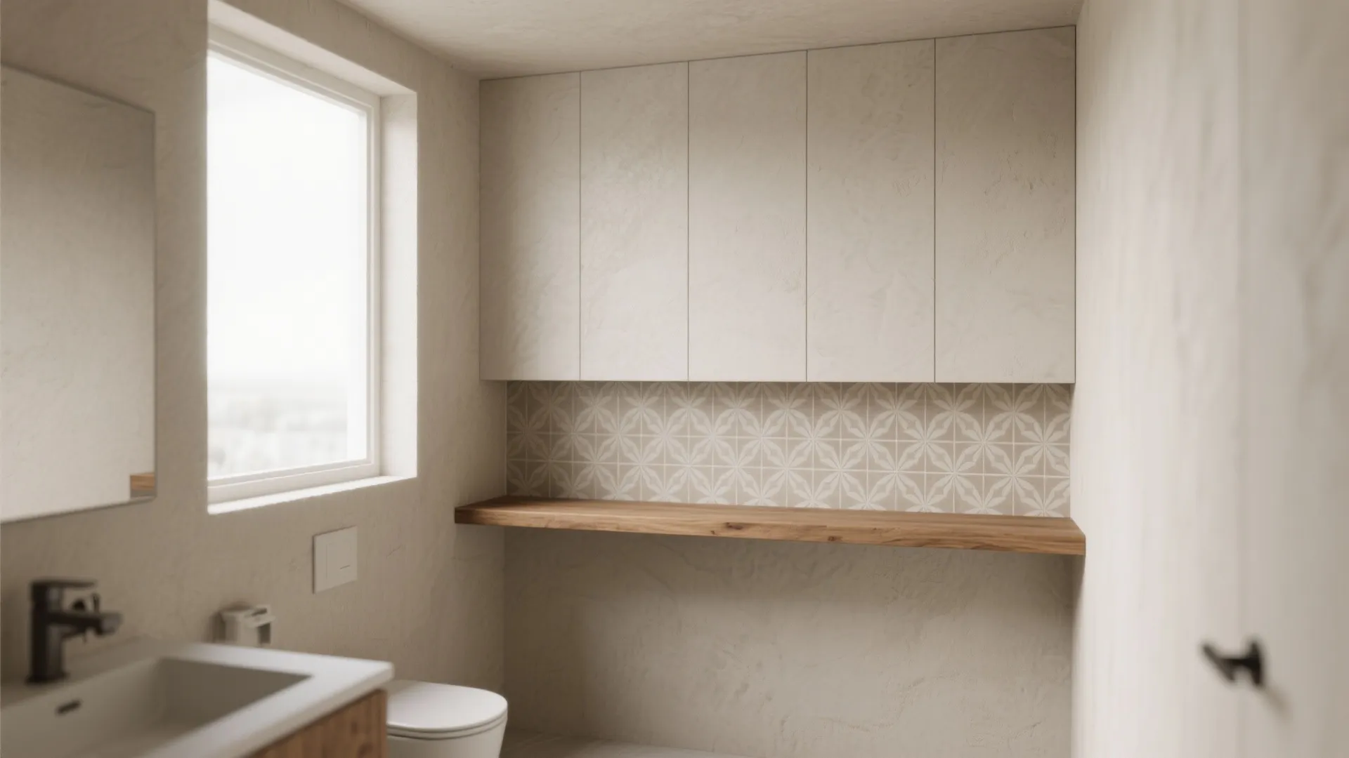 Modern bathroom with white cabinets patterned wall tiles wooden shelf white toilet and square window
