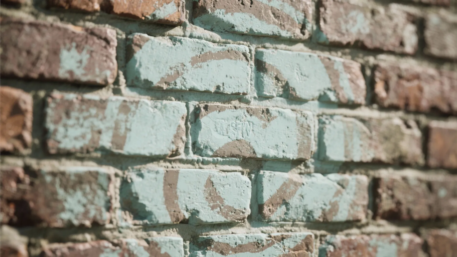 Textured brick wall with light blue paint patterns showing a mix of brown and teal
