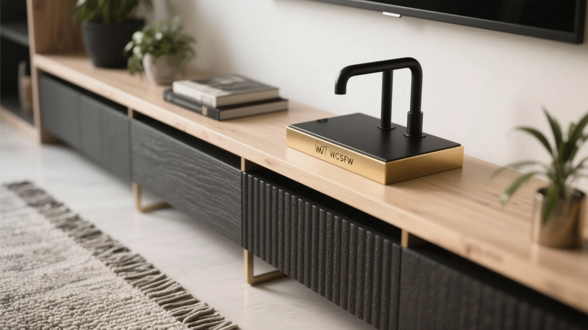 Wooden media cabinet with textured black doors showing a small black lamp and indoor plants decoration