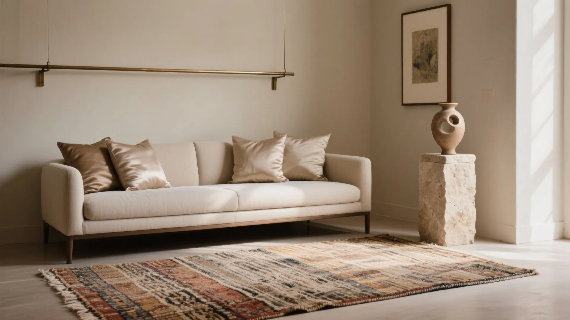 Vignette with handwoven rug, silk cushions, and a ceramic sculpture on stone.