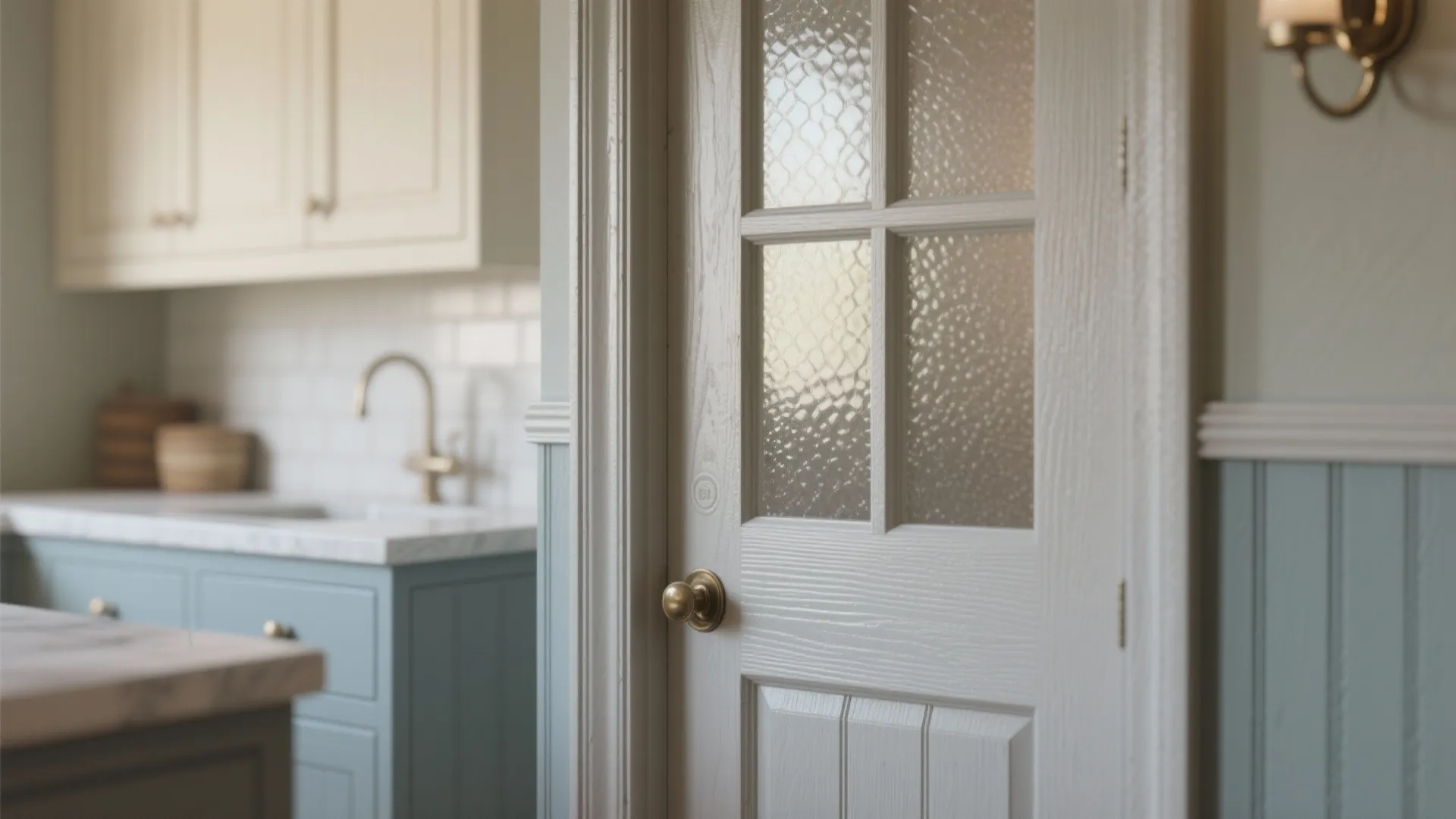 White wooden door with glass panels leading into a kitchen with blue wall panel details