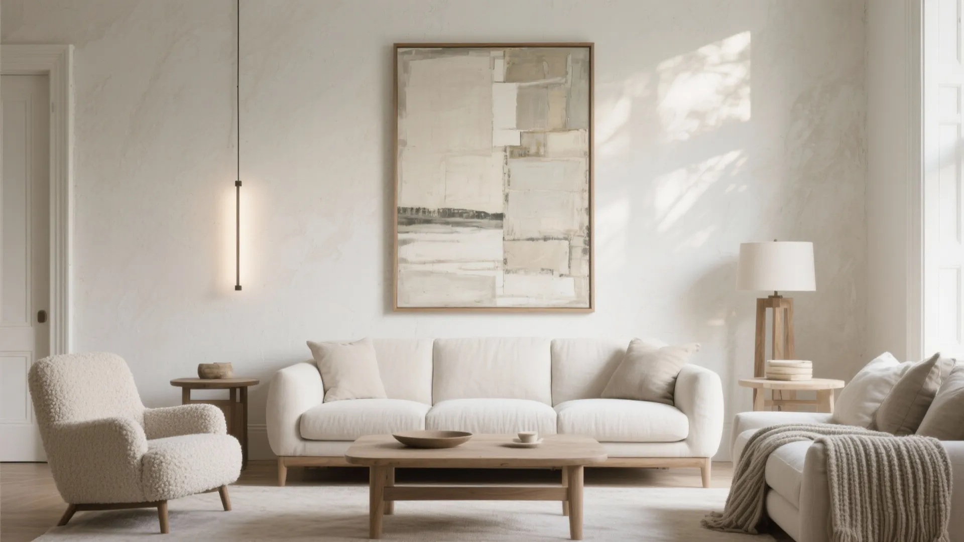 Minimalist living room featuring cream sofa, wooden coffee table, large wall art, and light fixture