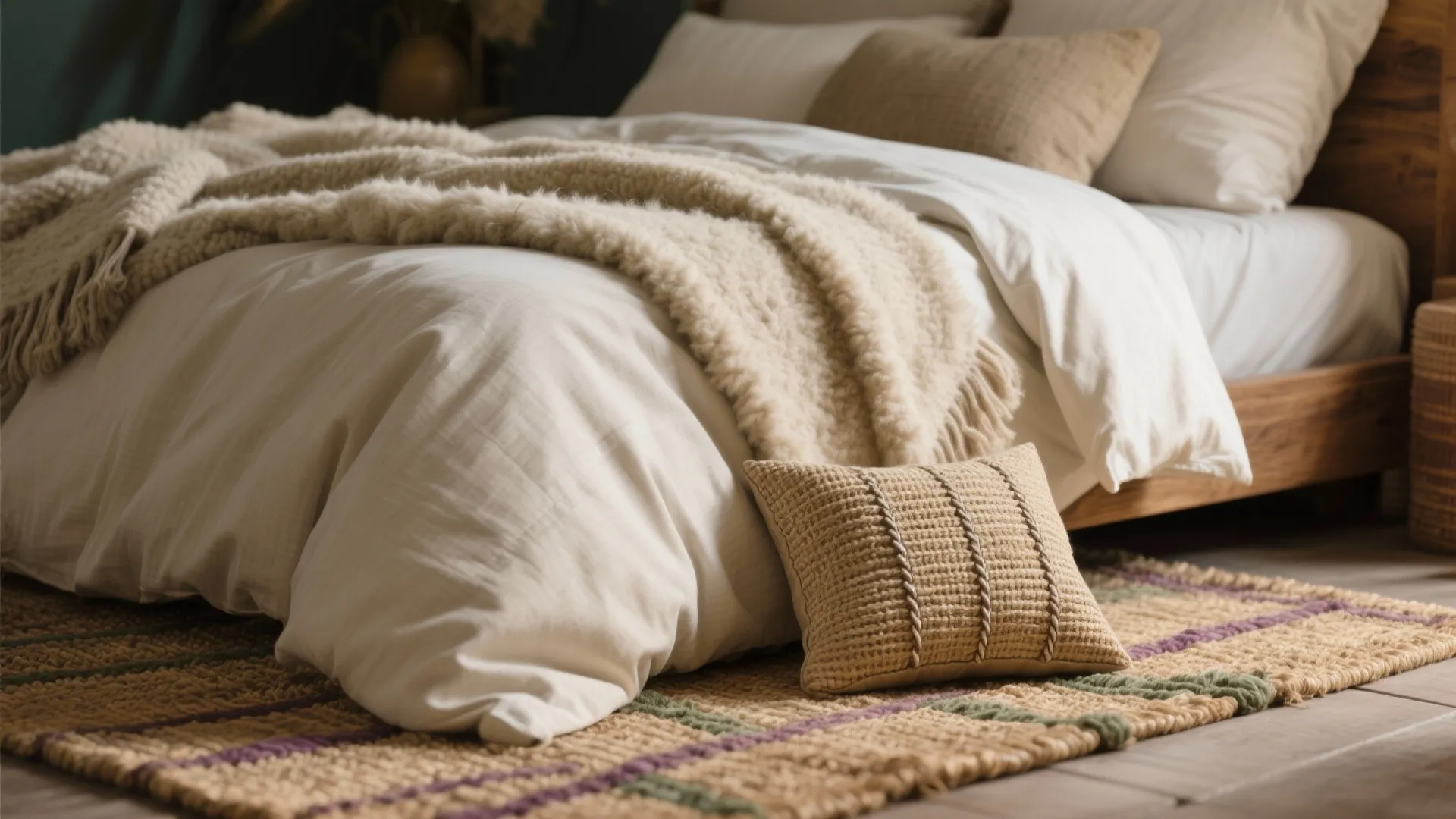 Cozy bedroom featuring white bedding with beige thick blanket textured pillows and a woven rug