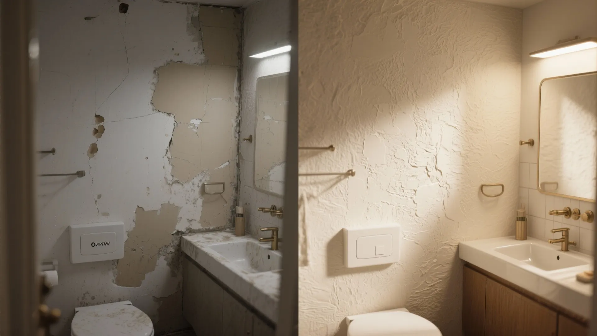 Before-and-after of a tiny bathroom wall showing unprimed flaws versus a textured primed high-end finish.