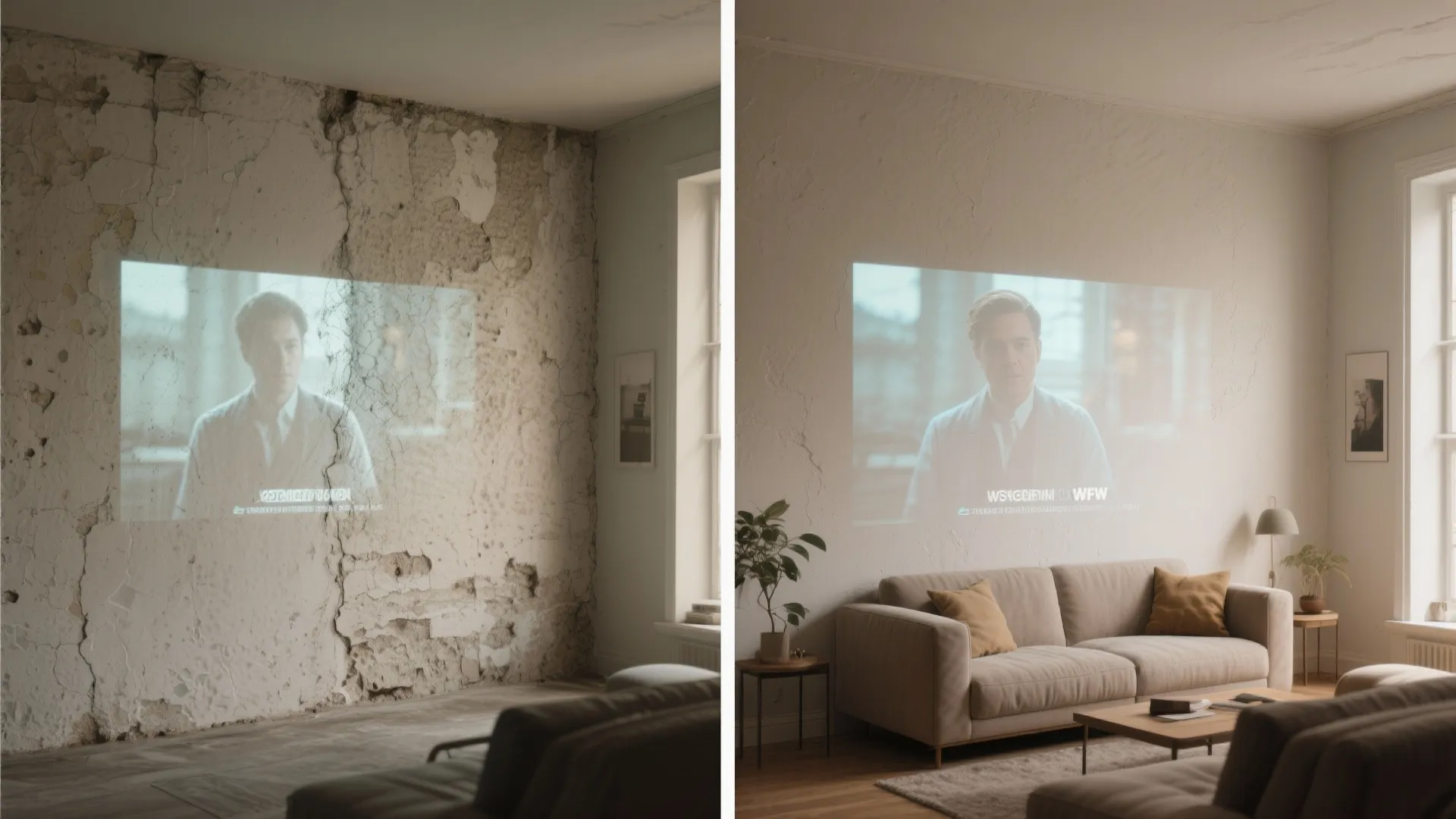 Before and after comparison showing movie screen on a rough cracked wall versus smooth wall
