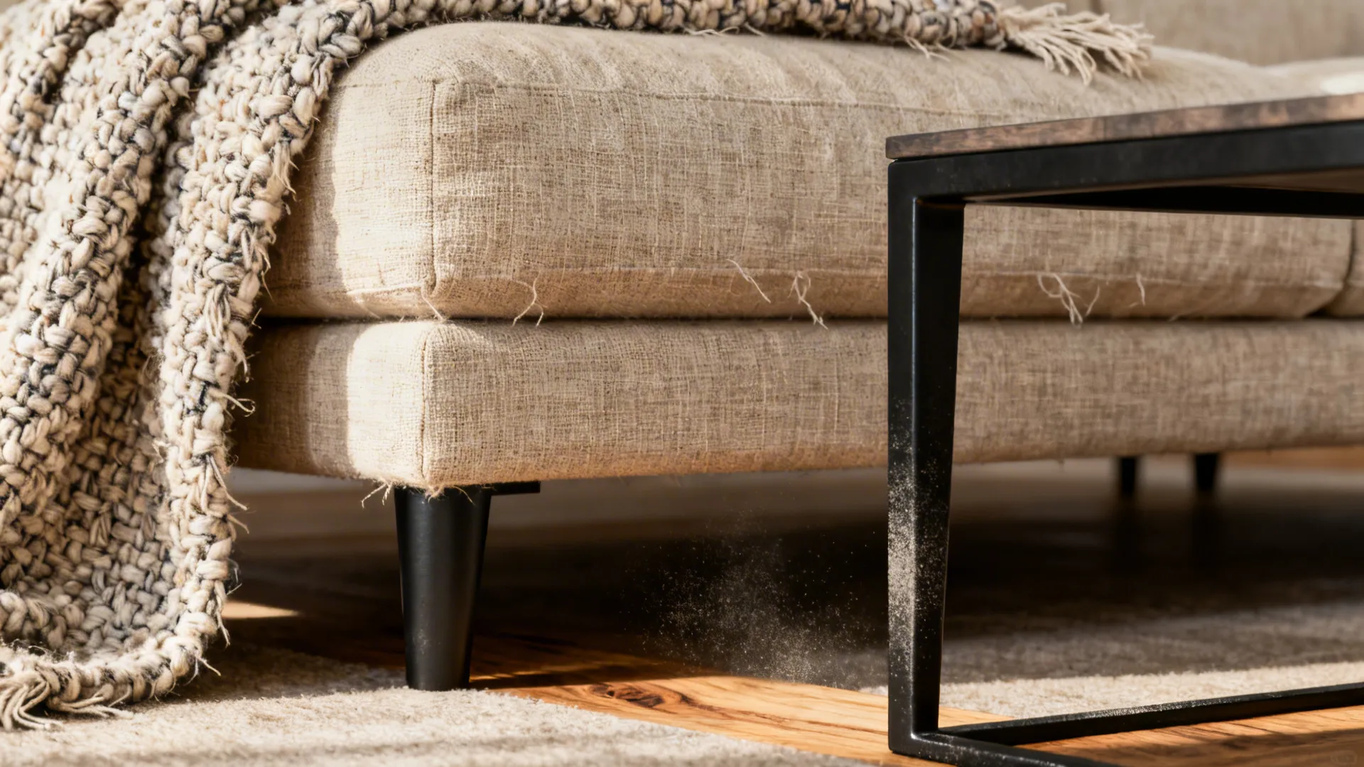 Close-up of linen and boucle fabrics paired with a matte black metal leg and natural wood grain.