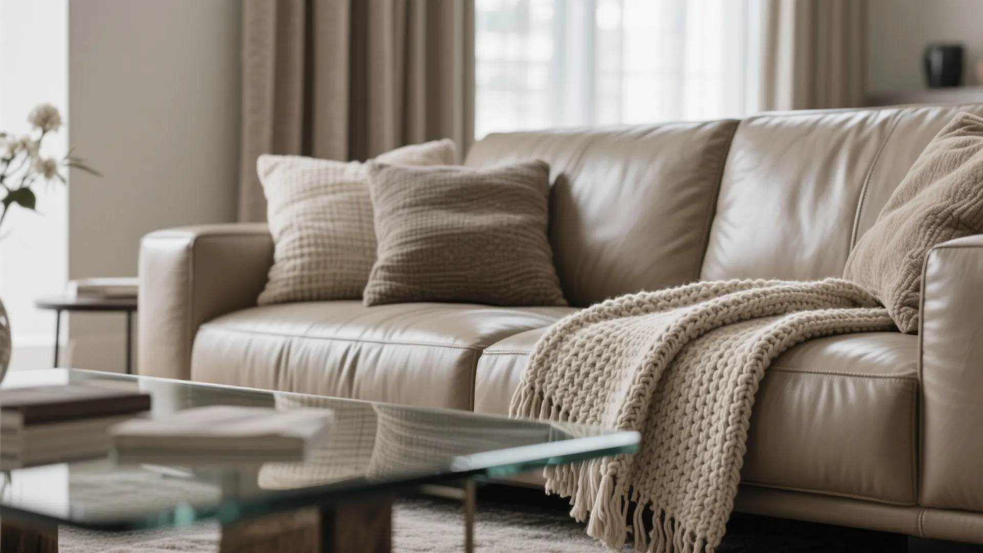 Modern beige leather sofa with soft pillows and a textured knit blanket in neutral colors