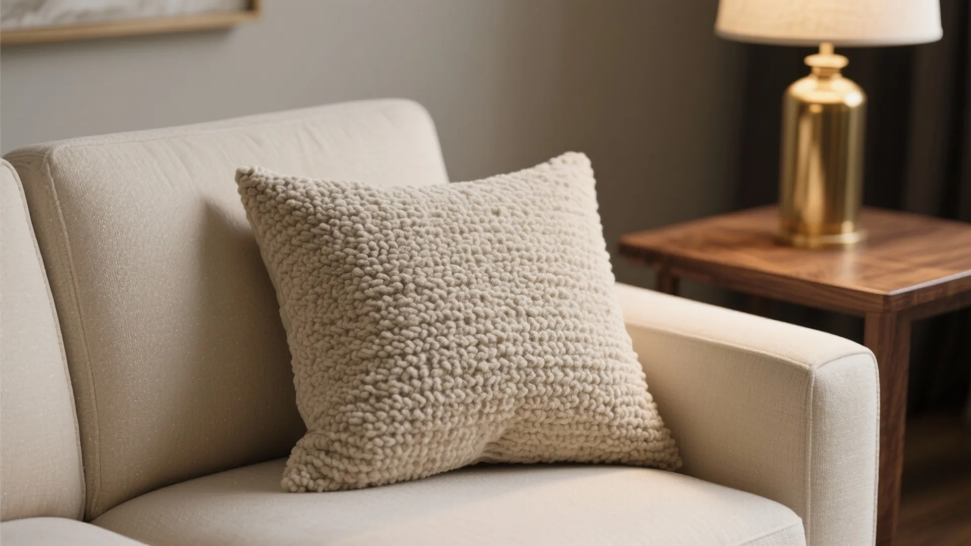 Close up of a textured beige pillow on a soft sofa with a gold table lamp