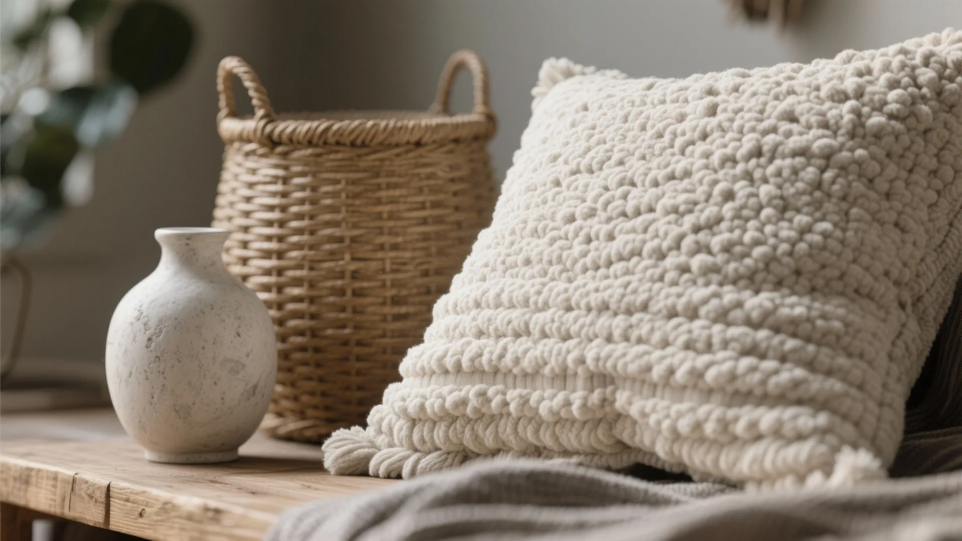 3. Add texture: boucle, rattan, and plaster