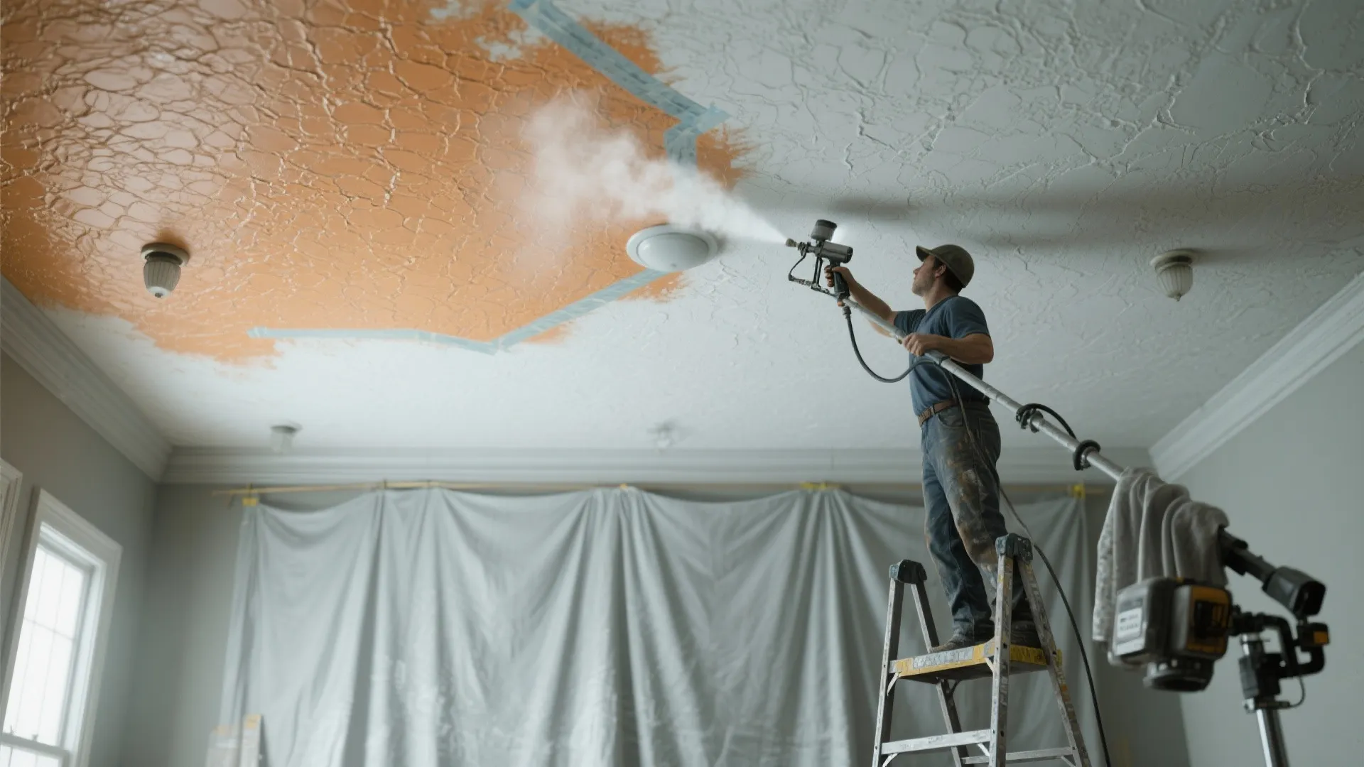 Man on ladder using long handle sprayer to apply orange paint onto textured white ceiling