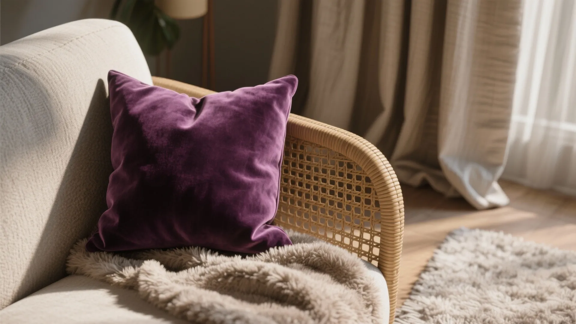 Close up of purple velvet pillow on wicker sofa with soft blanket and natural sunlight