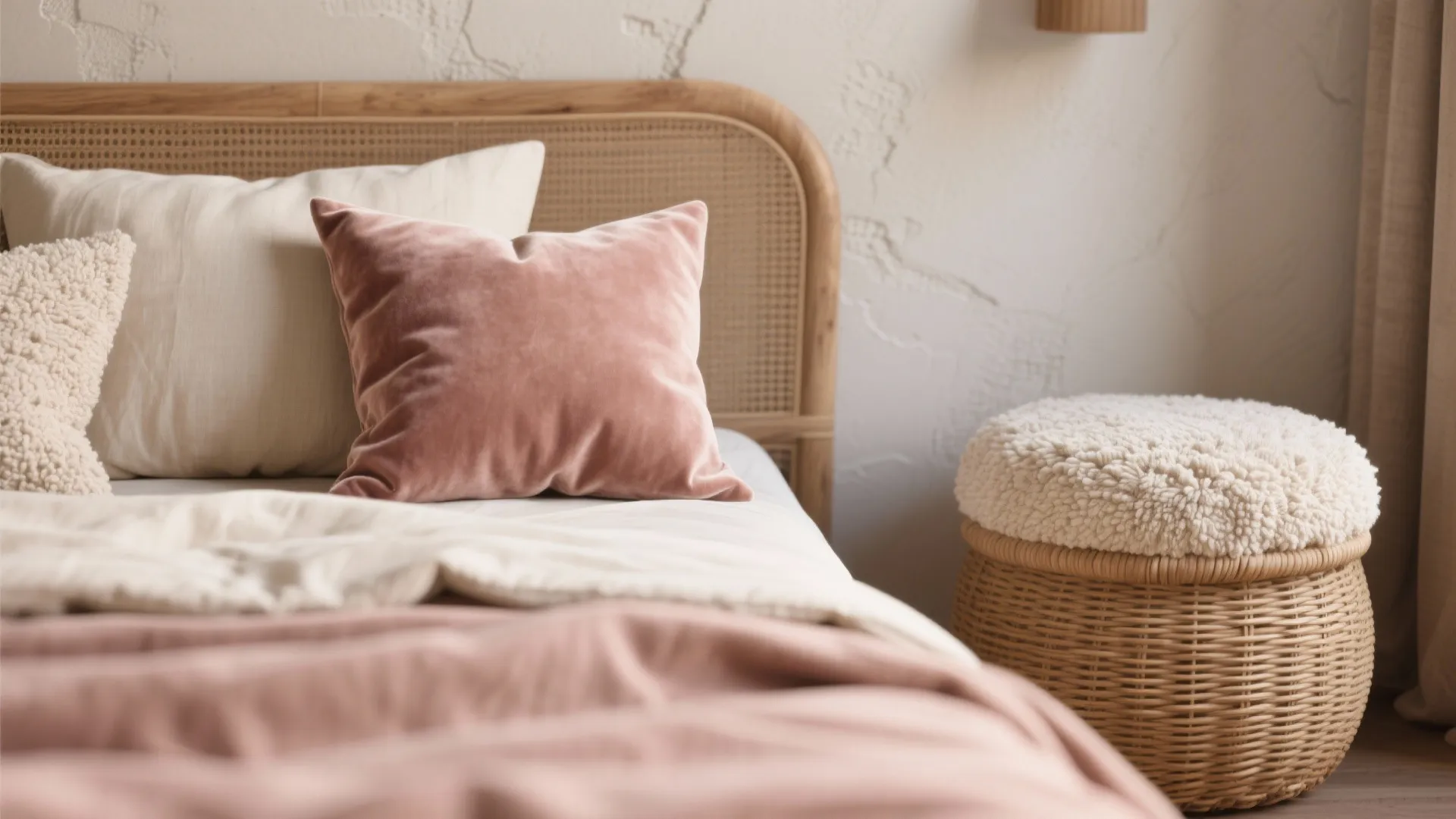 Close up of a wooden bed with pink velvet pillows and a white textured footrest