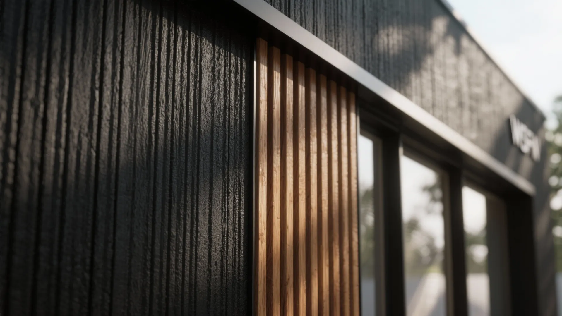 Close up of dark wood wall panel texture with vertical brown slats and sunlight shadows