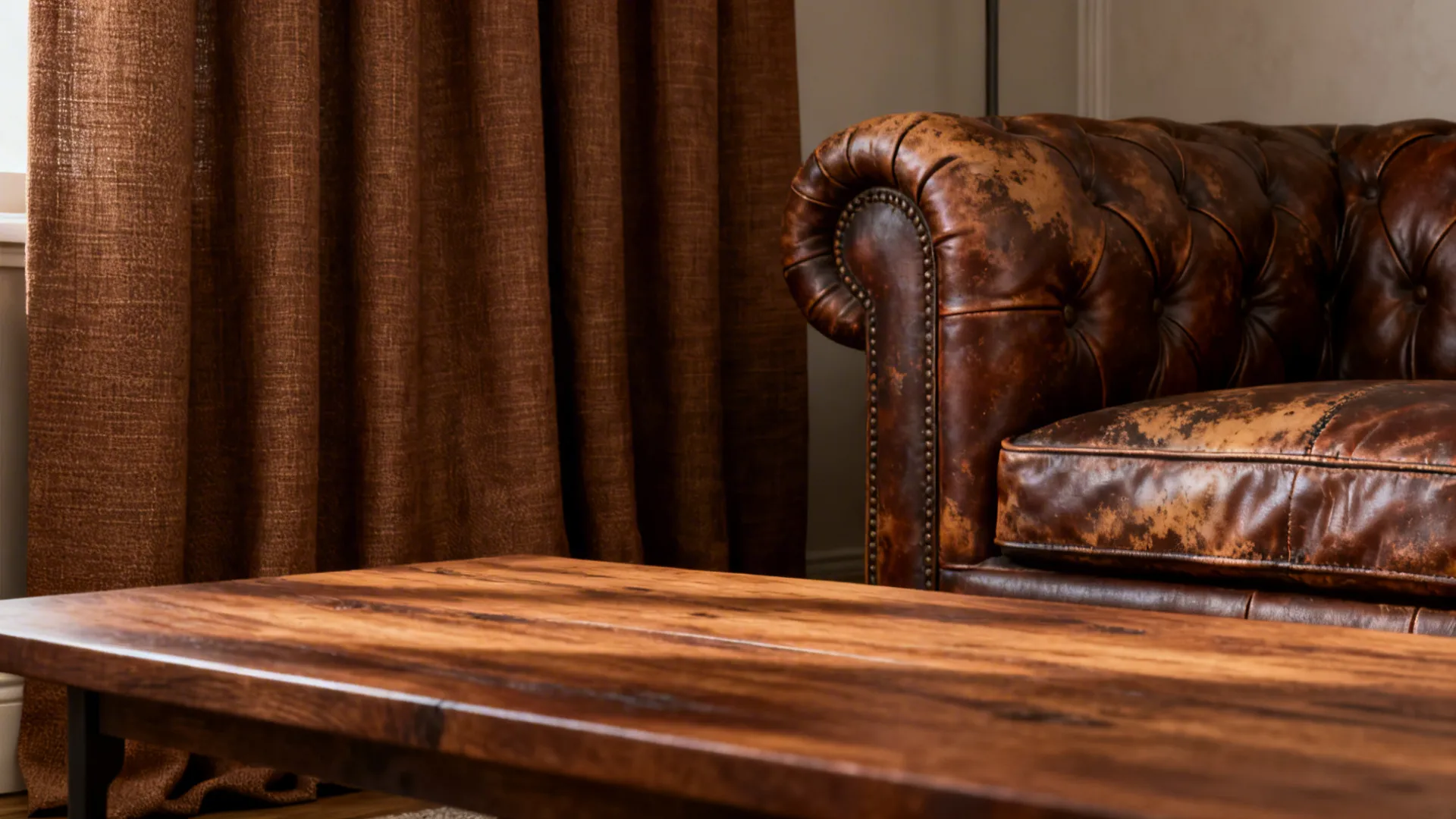 Matte brown linen curtains beside matte wood table and distressed leather sofa emphasizing cohesive textures