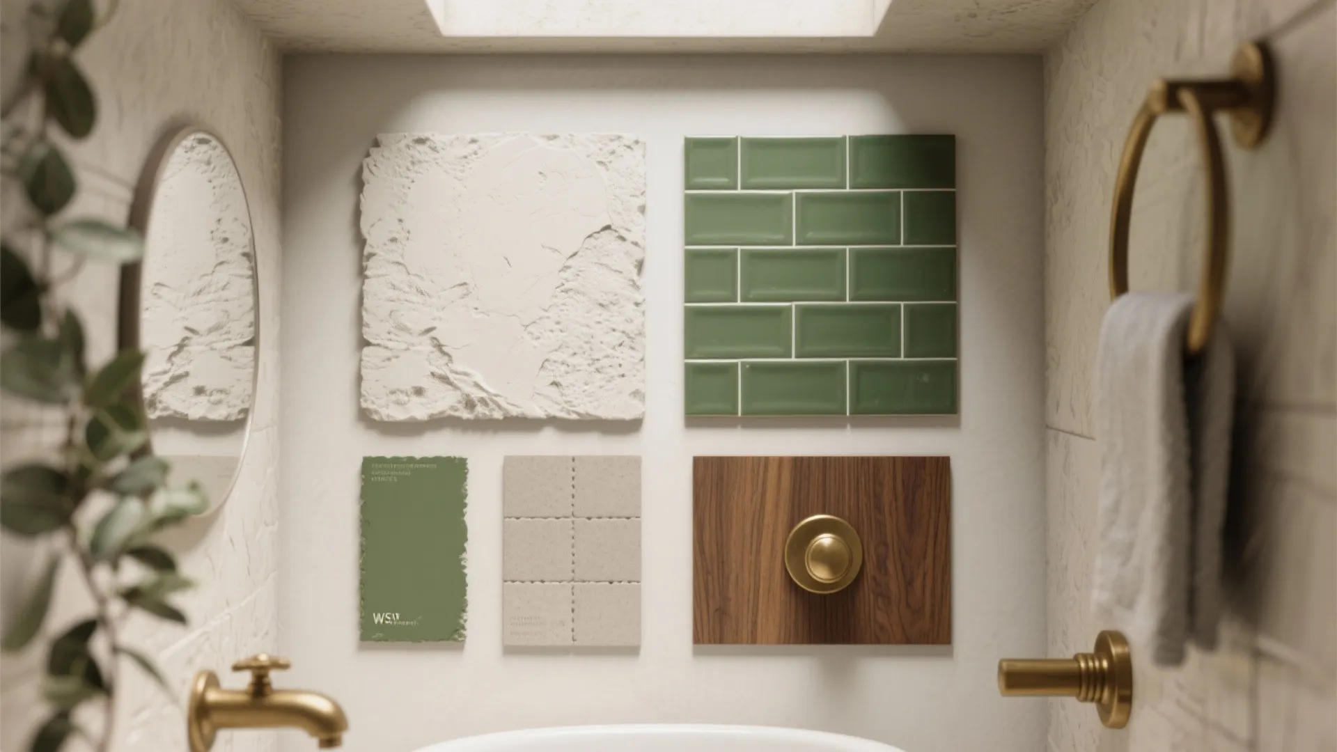 Interior design material board with green tiles, wood sample, white plaster, and gold bathroom fixtures
