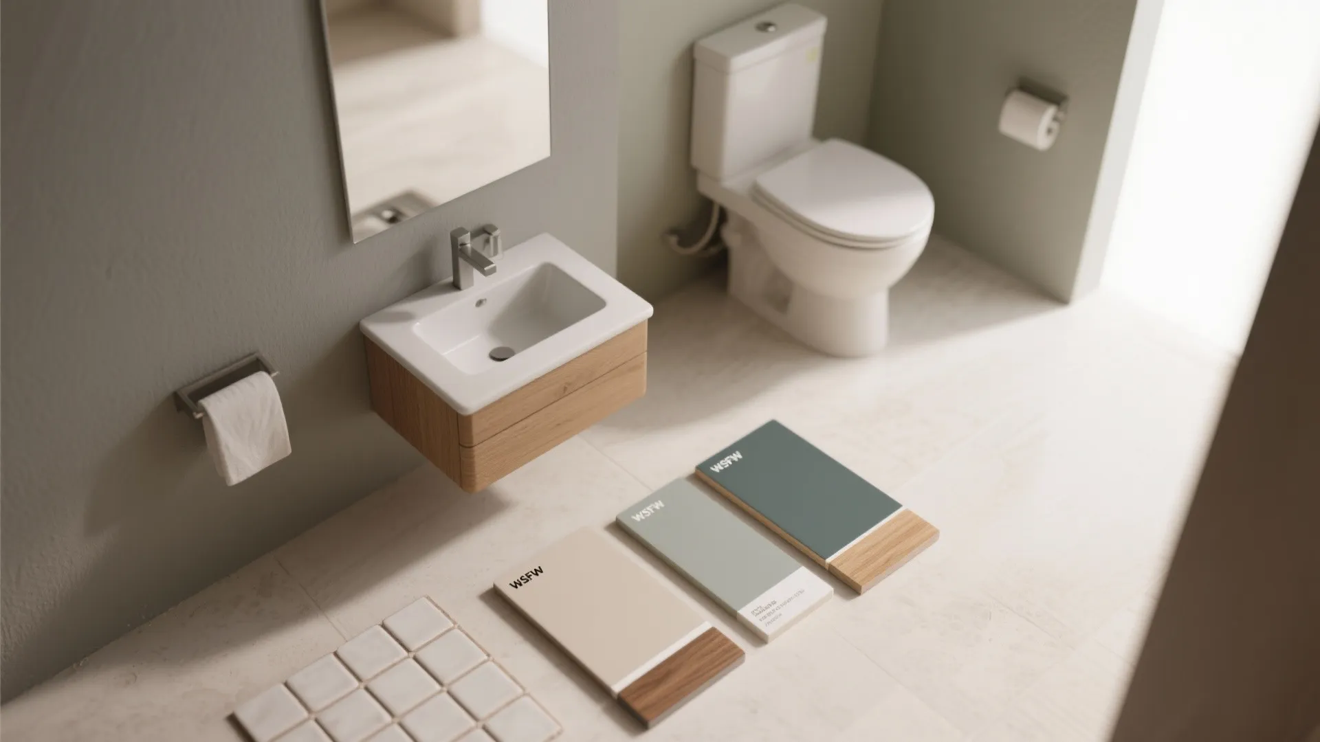 Flatlay showing matte and satin paint samples, color-block swatches, and material samples for a powder room.