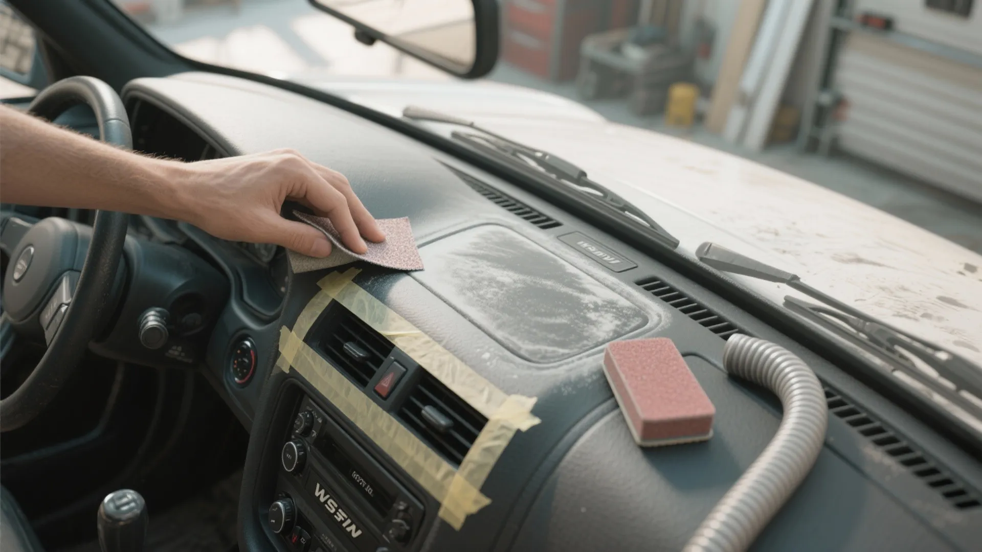 Dashboard being lightly scuffed and filled to match texture before painting.
