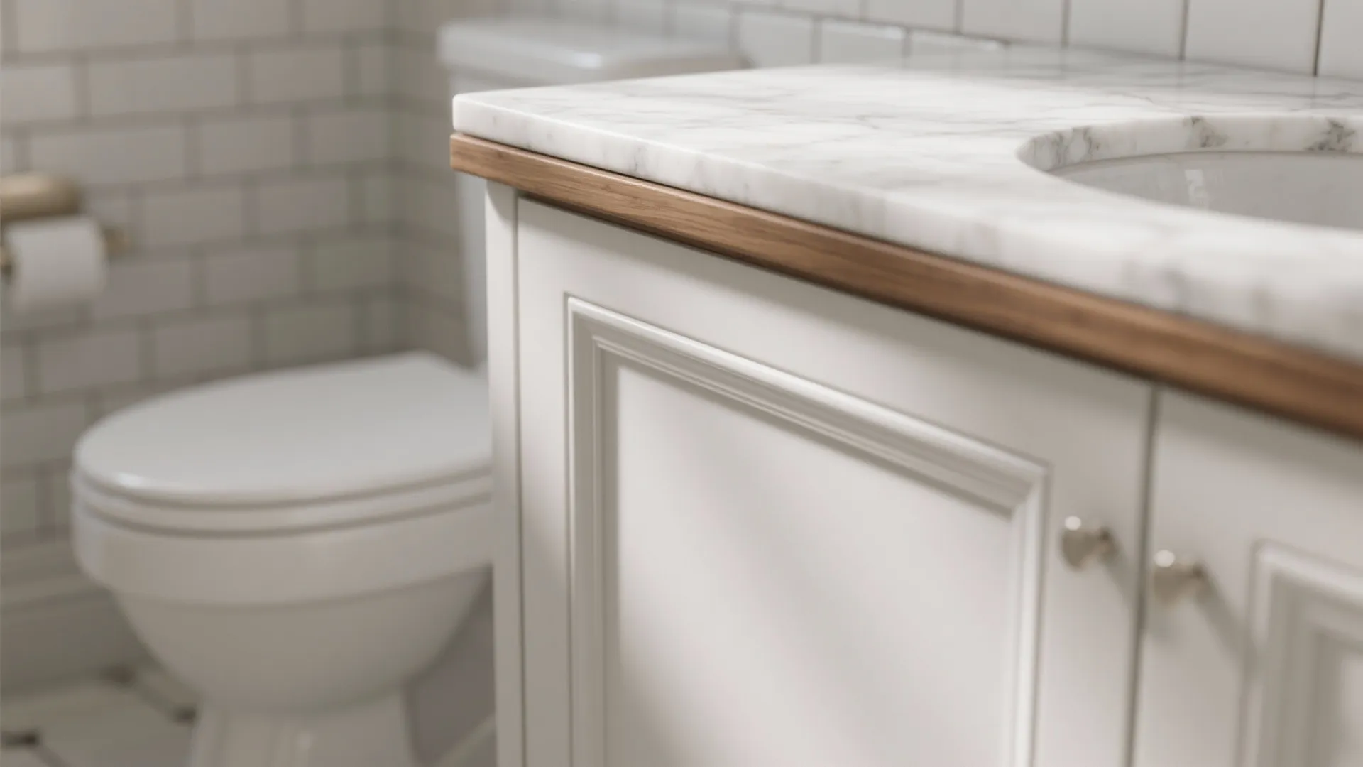 Close up of white marble sink counter with wood trim and white cabinet in bathroom