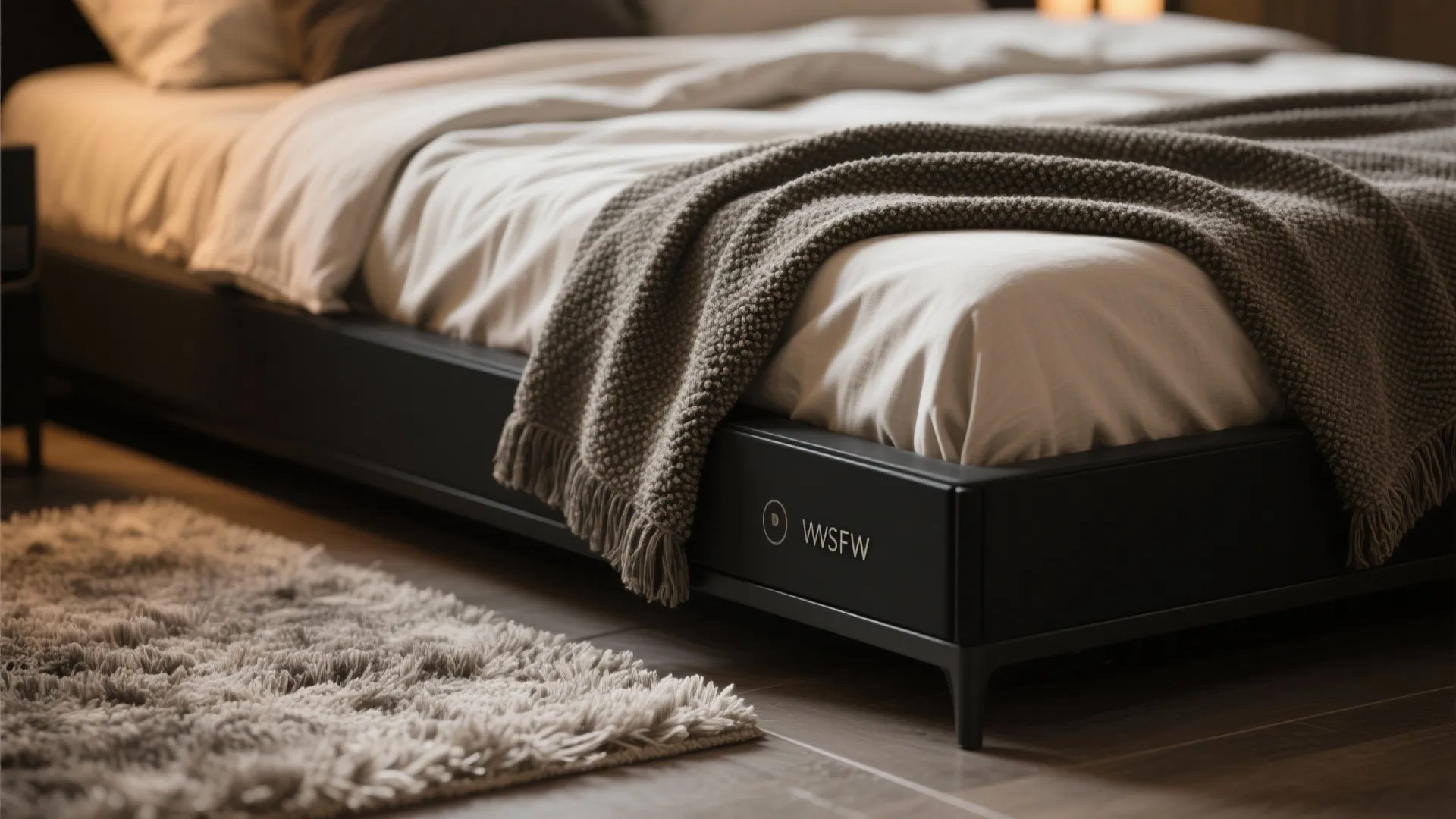 Modern black bed frame with white bedding grey blanket and textured rug in warm lighting