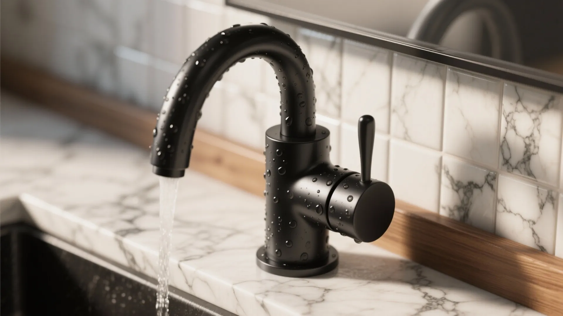 Close up of black water faucet with droplets running into marble sink with white wall tiles