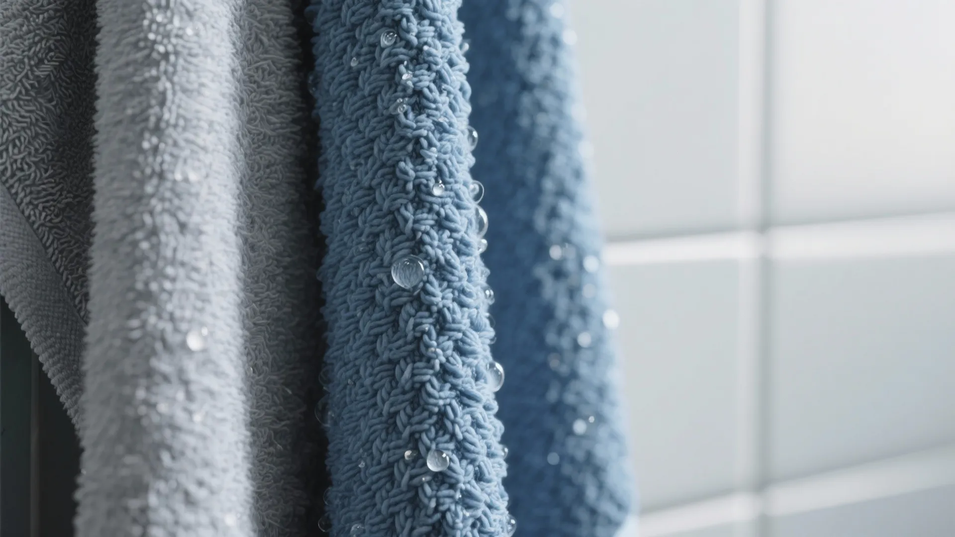 Close up of blue and grey soft fabric towels with water drops on the surface