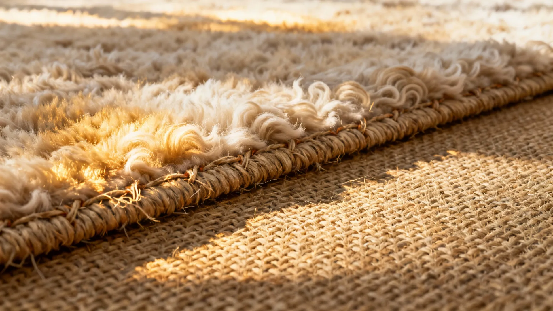 Close up of soft white woolly rug texture next to a brown rough woven mat