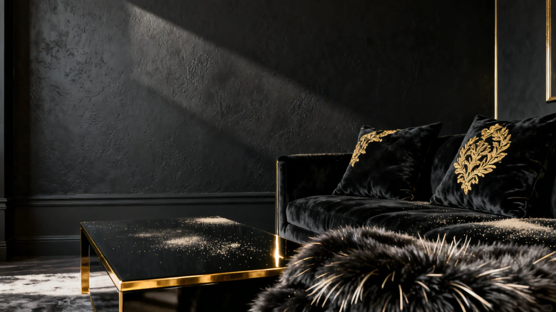 Texture study showing black plaster wall, velvet cushions, lacquer coffee table and gold trim.