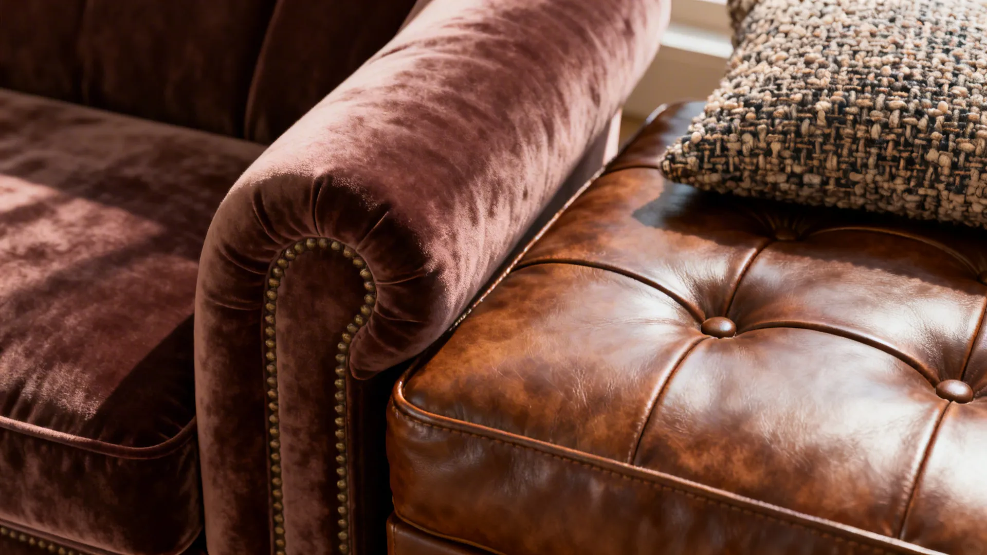 Close-up of velvet, leather, and boucle textures on modular sofa pieces.
