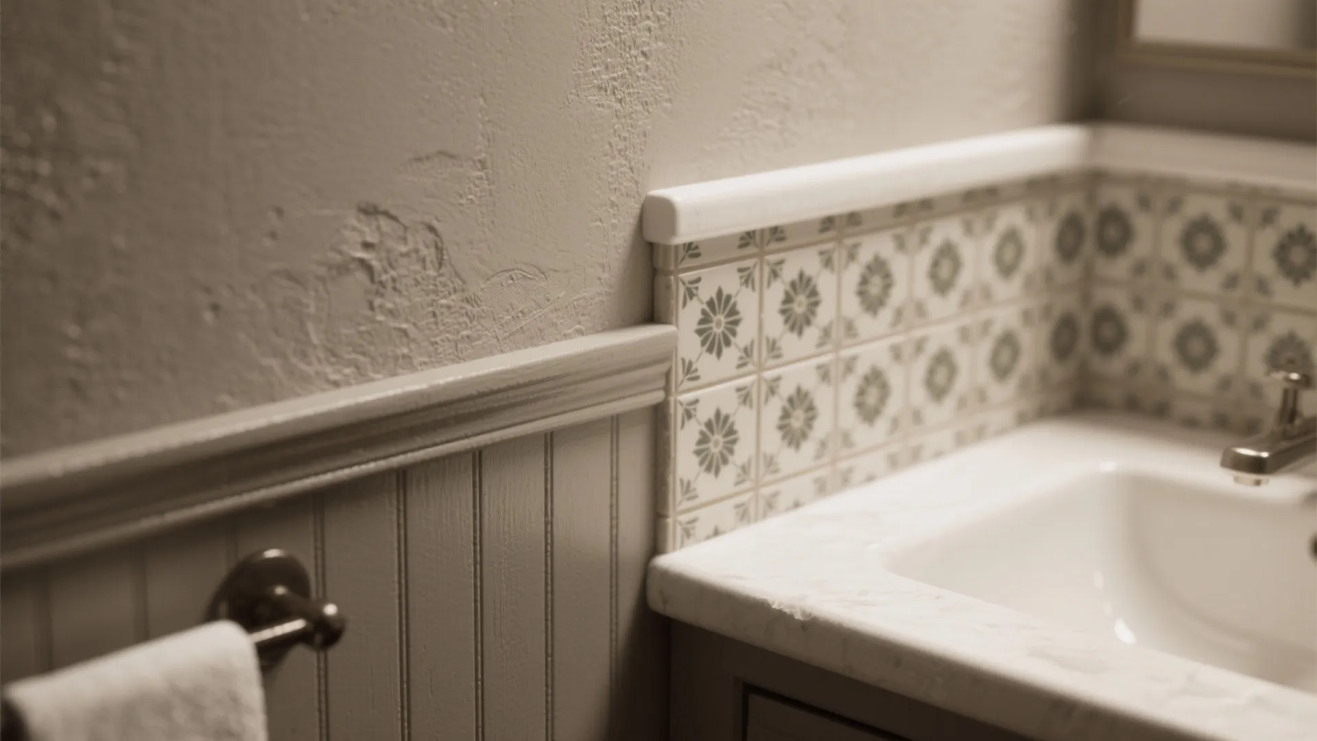Close-up of warm gray plaster, beadboard and patterned tile painted the same color highlighting texture.