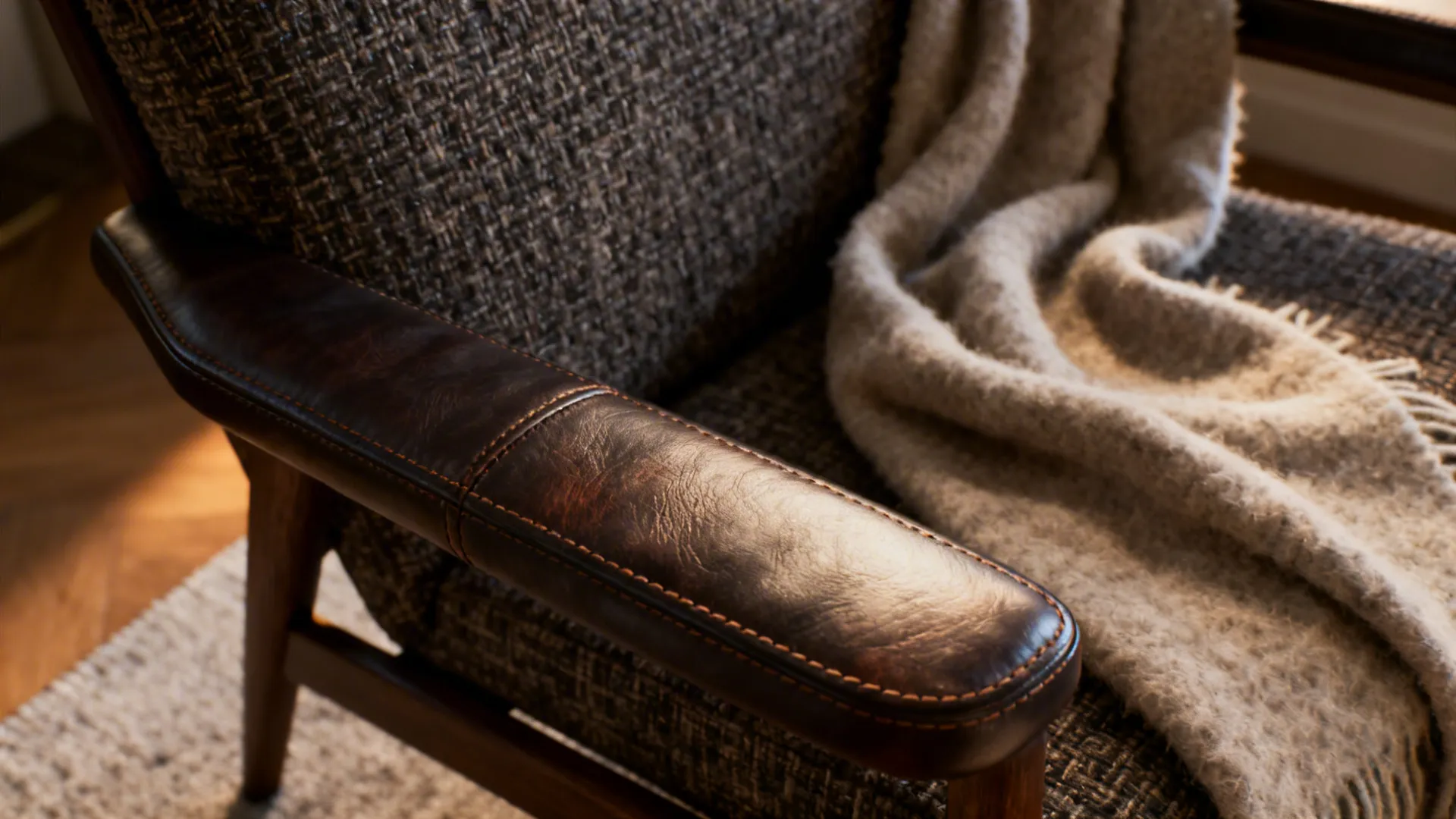 Close-up of smooth leather and textured fabric upholstery with a wool throw