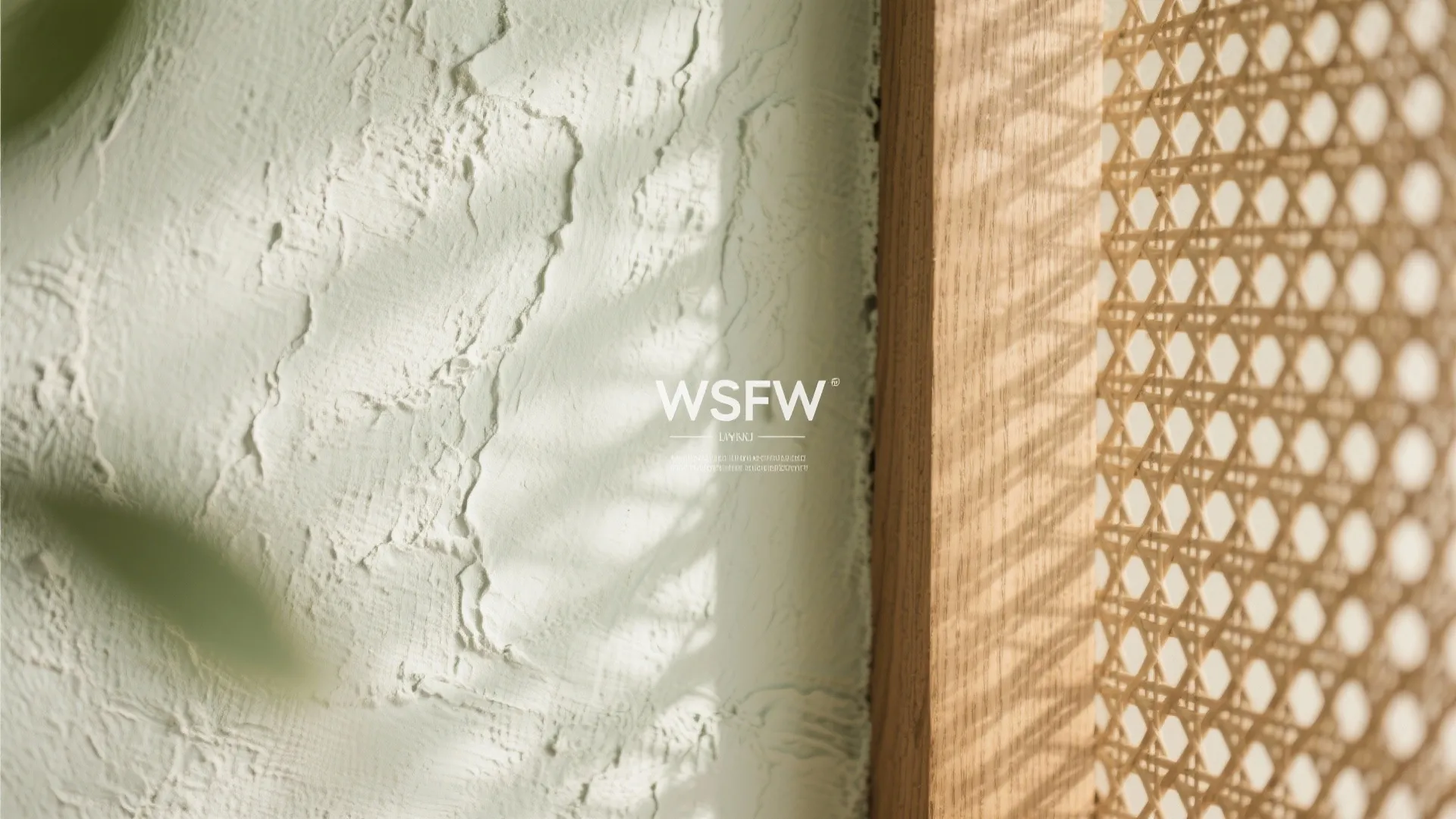 Macro of limewash wall meeting oak veneer and woven cane under soft daylight, showing tactile texture contrast.
