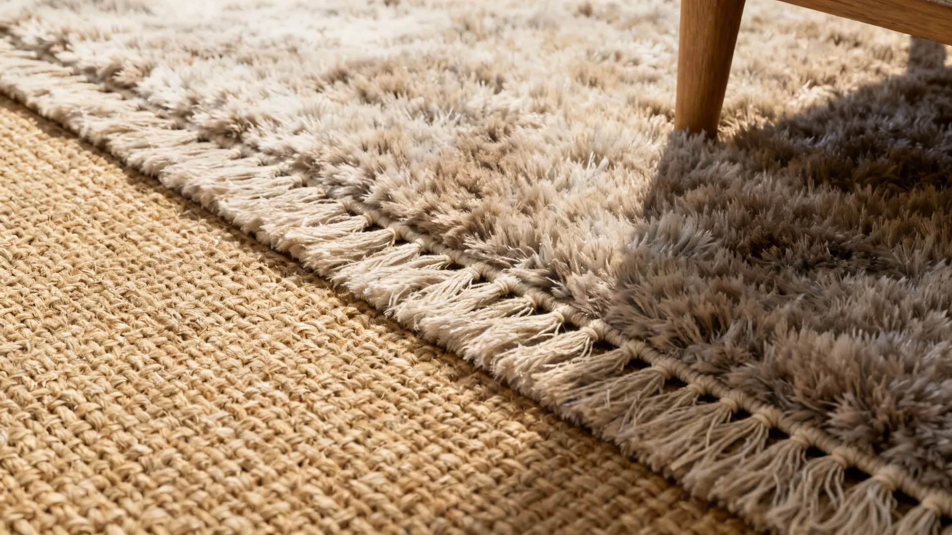 Close-up of flatweave base rug layered with a plush high-pile rug showing texture contrast and trimmed fringes.