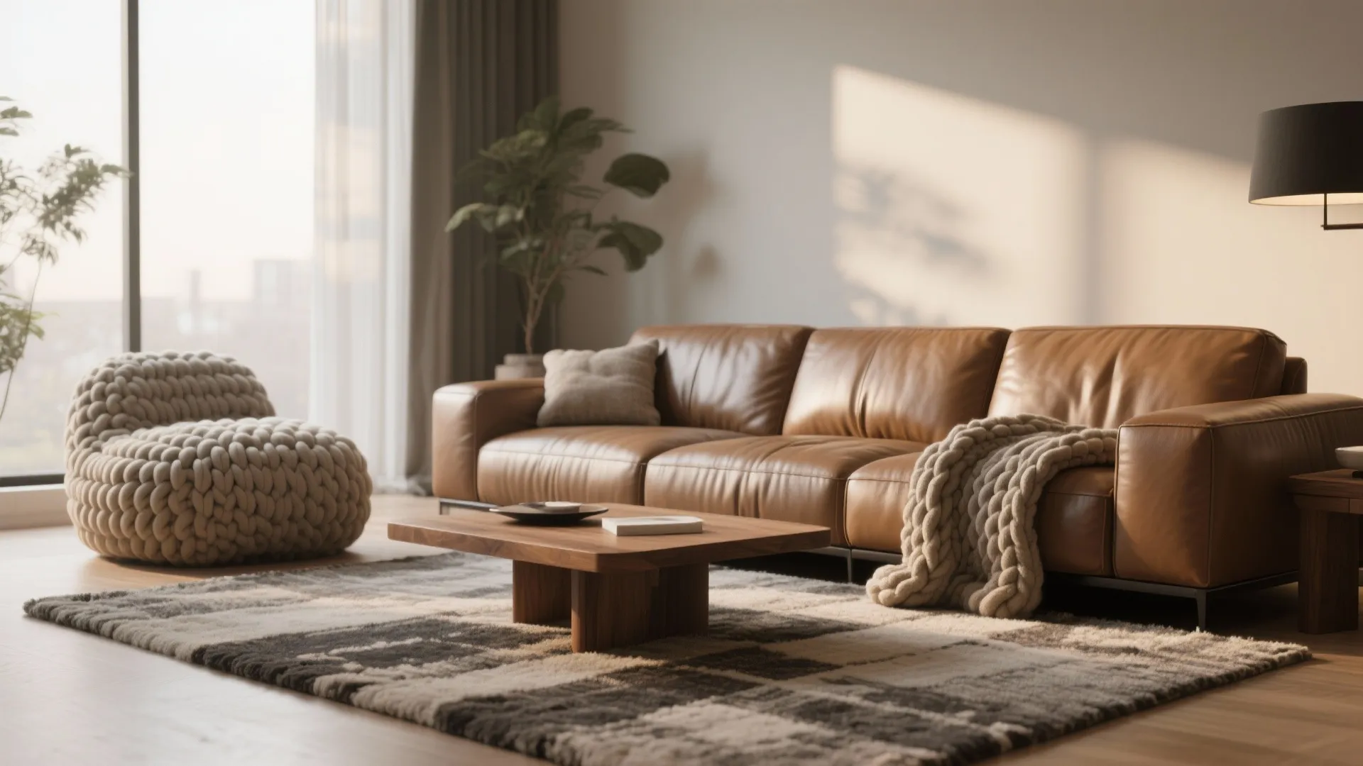 Leather sofa with chunky knit rug creating texture contrast