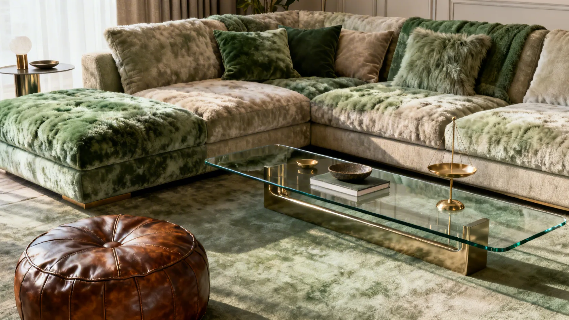 Large sofa balanced with a glass-top table, leather pouf, and textured pillows to break visual mass.