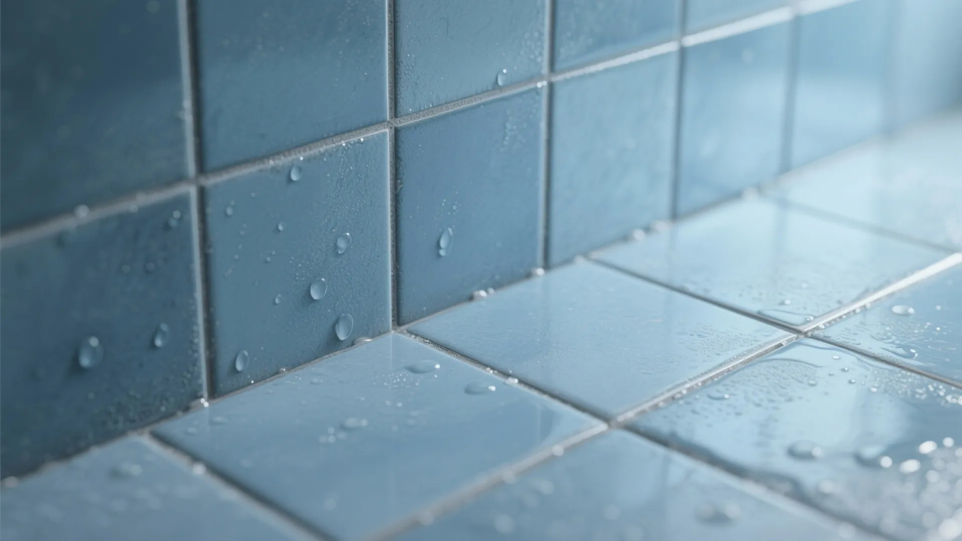 Close up view of light blue square wall and floor tiles with small water droplets