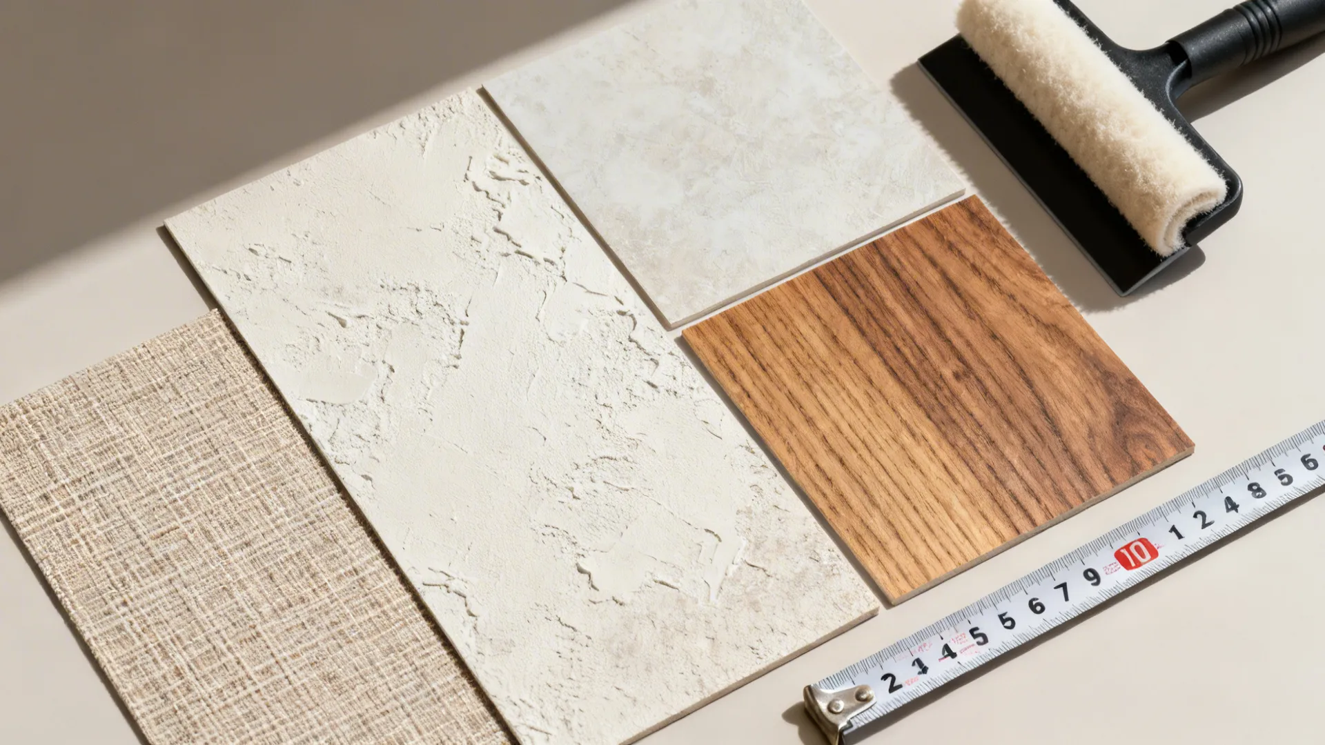 Flatlay of linen, plaster limewash, and woodgrain decal samples with a felt squeegee.