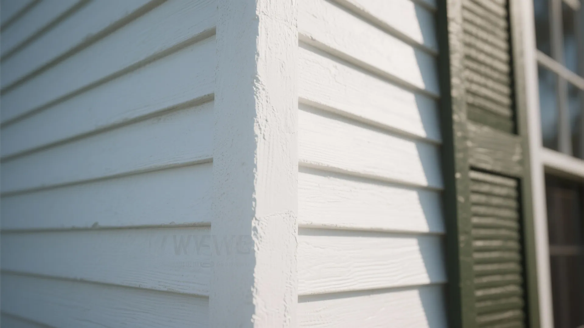 Close up of white horizontal wood wall panels with sunlight shadows and dark green window