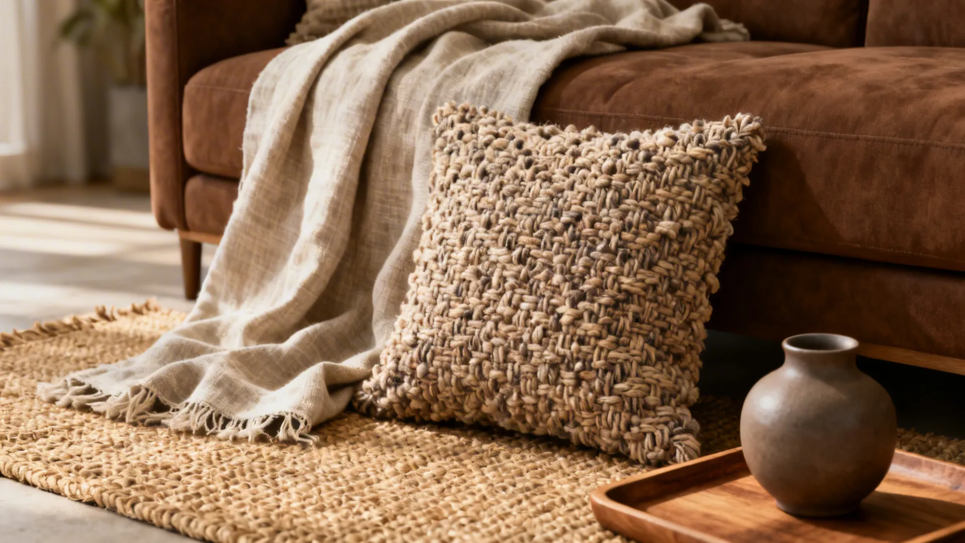 Close-up of linen throw, boucle cushion and jute rug beside a brown sofa showing varied textures.