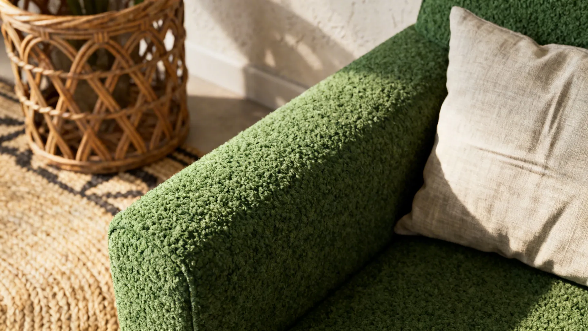 Close-up of bouclé armchair, linen cushion, and natural fiber rug textures