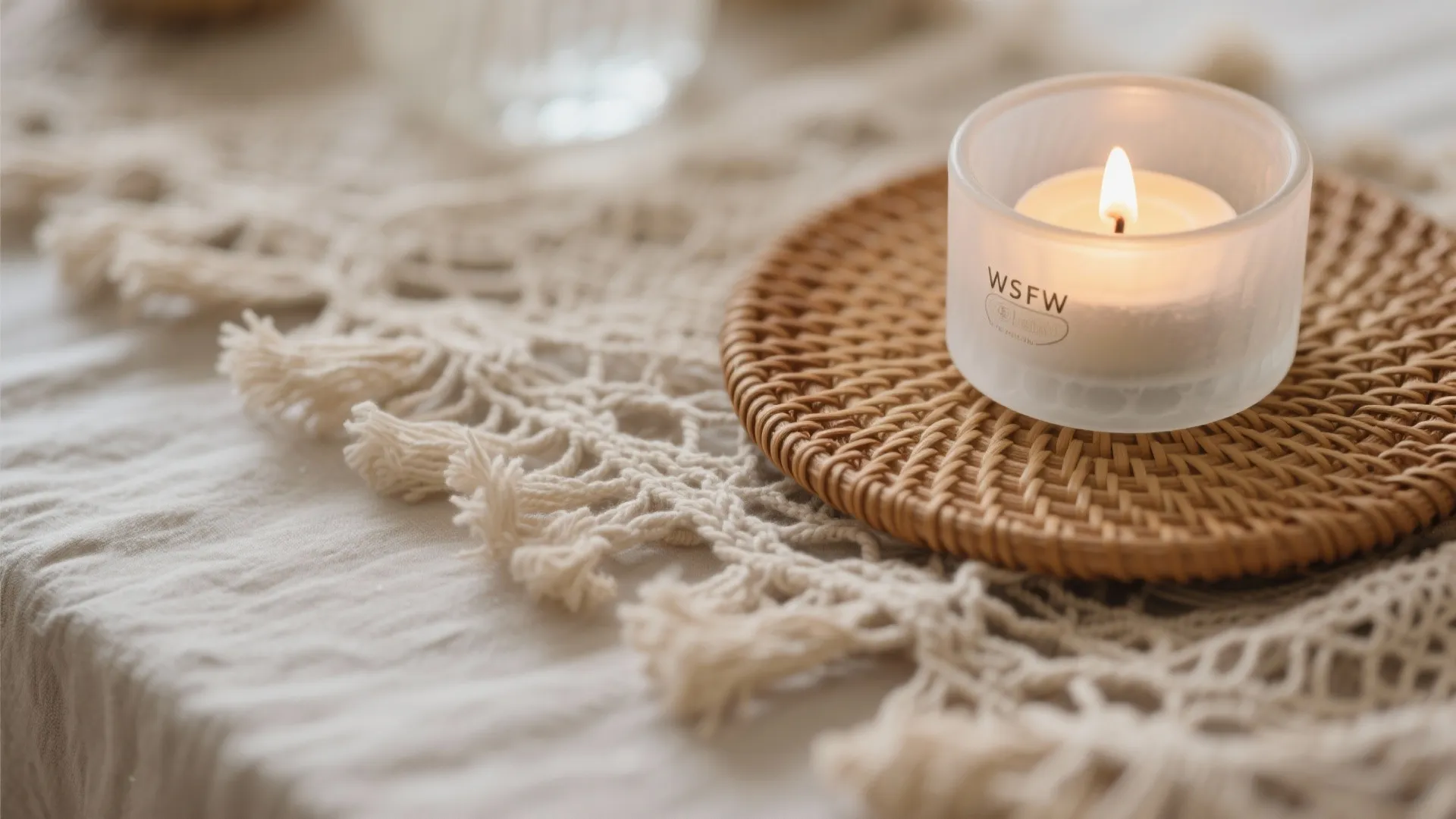 Small lit candle in glass holder on woven mat placed over a white lace tablecloth
