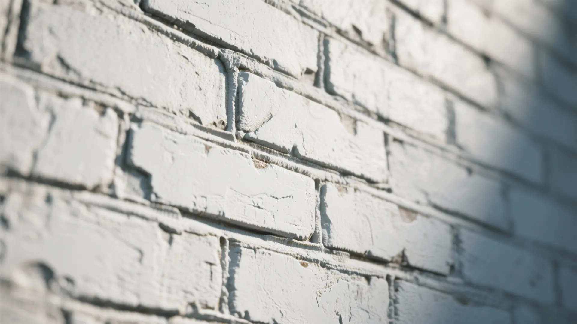 Close up view of white brick wall showing rough texture and shadows from the sunlight