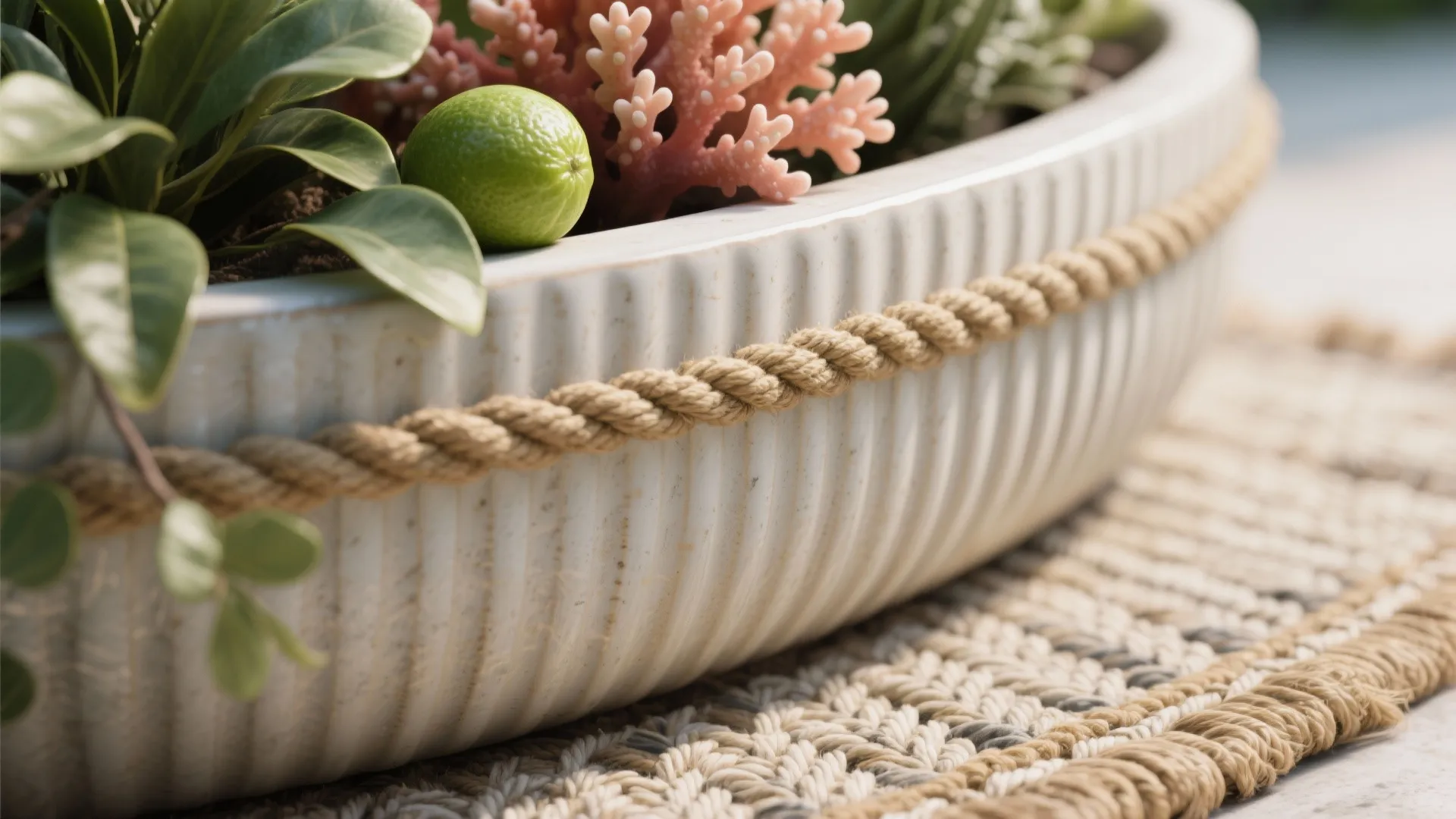 Close up of a white textured plant pot with rope detail containing green plants and coral