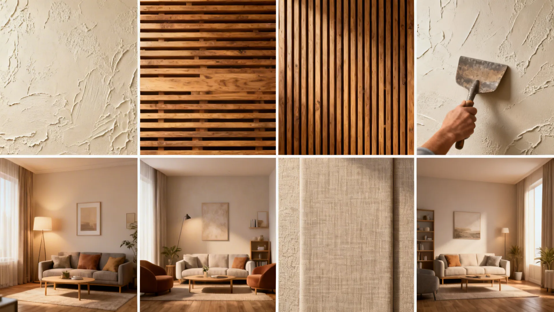 Collage of textured wall styles showing how different finishes work in small living rooms