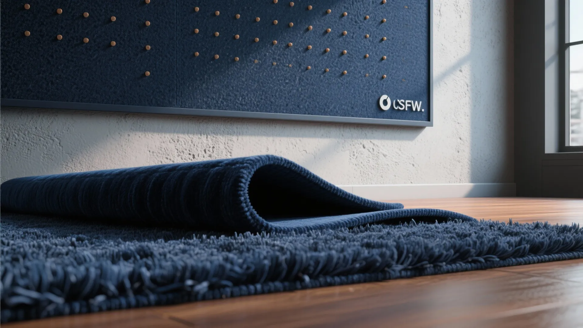 Dark blue fluffy rug rolled on wooden floor with white textured wall and pinned board