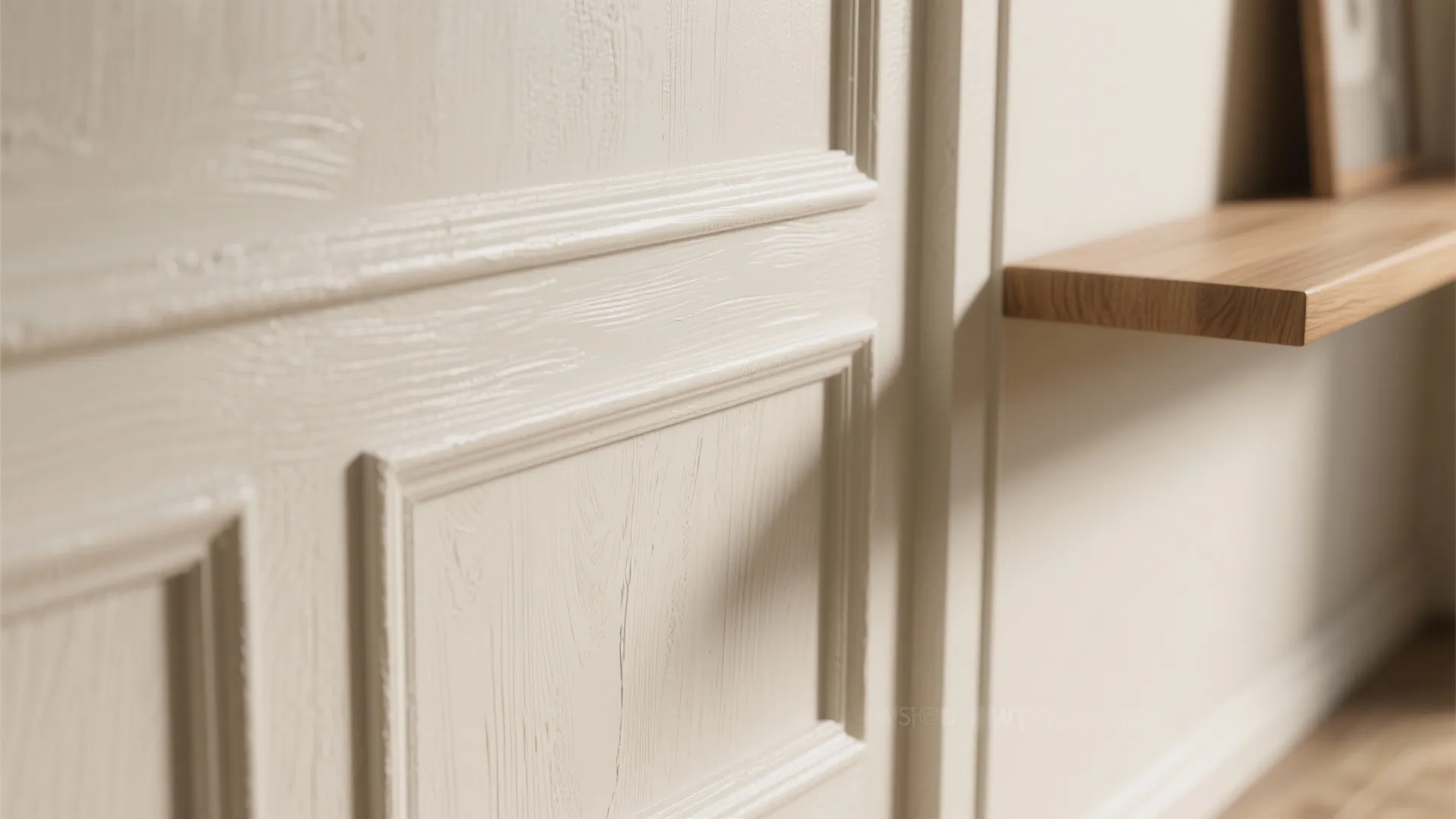 Close up of cream wall panel with wood texture and small wooden shelf on side