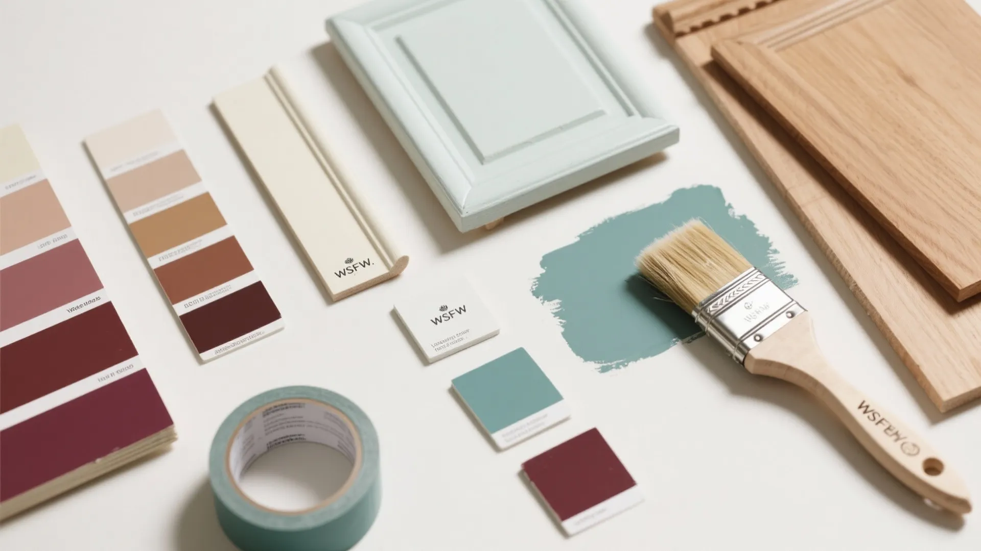Flat lay showing paint swatches a brush wooden panels tape and a light blue door
