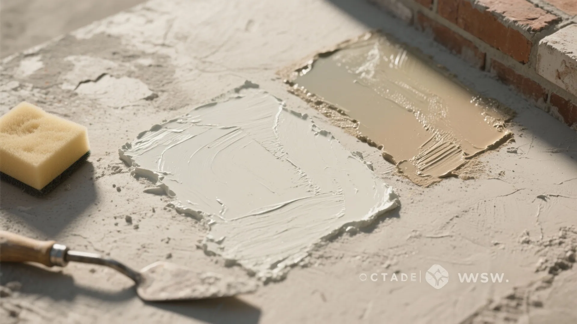Close up of wet wall plaster samples in beige and white with a small hand tool