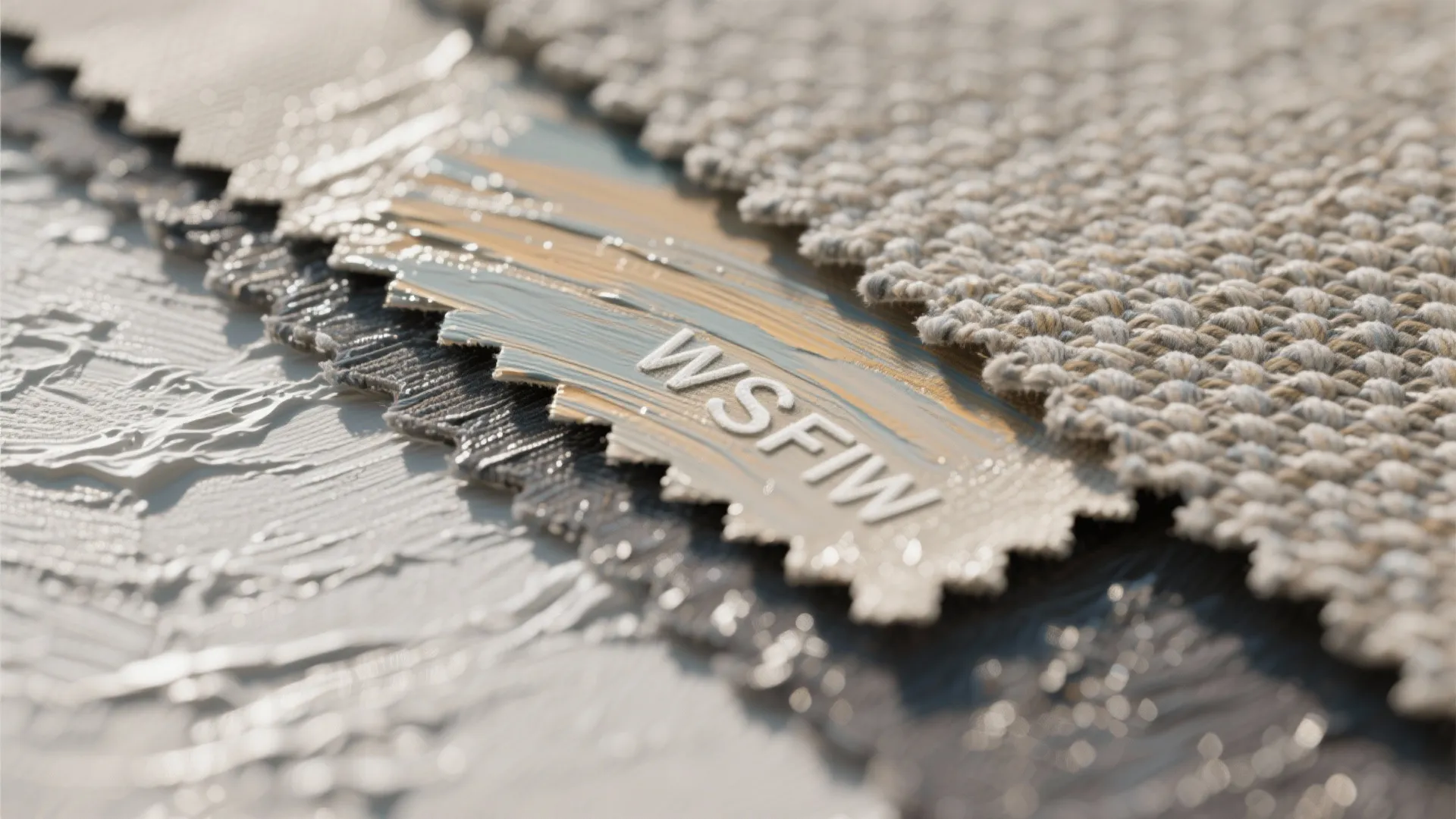 Close up of fabric samples and paint textures showing different colors and soft woven materials