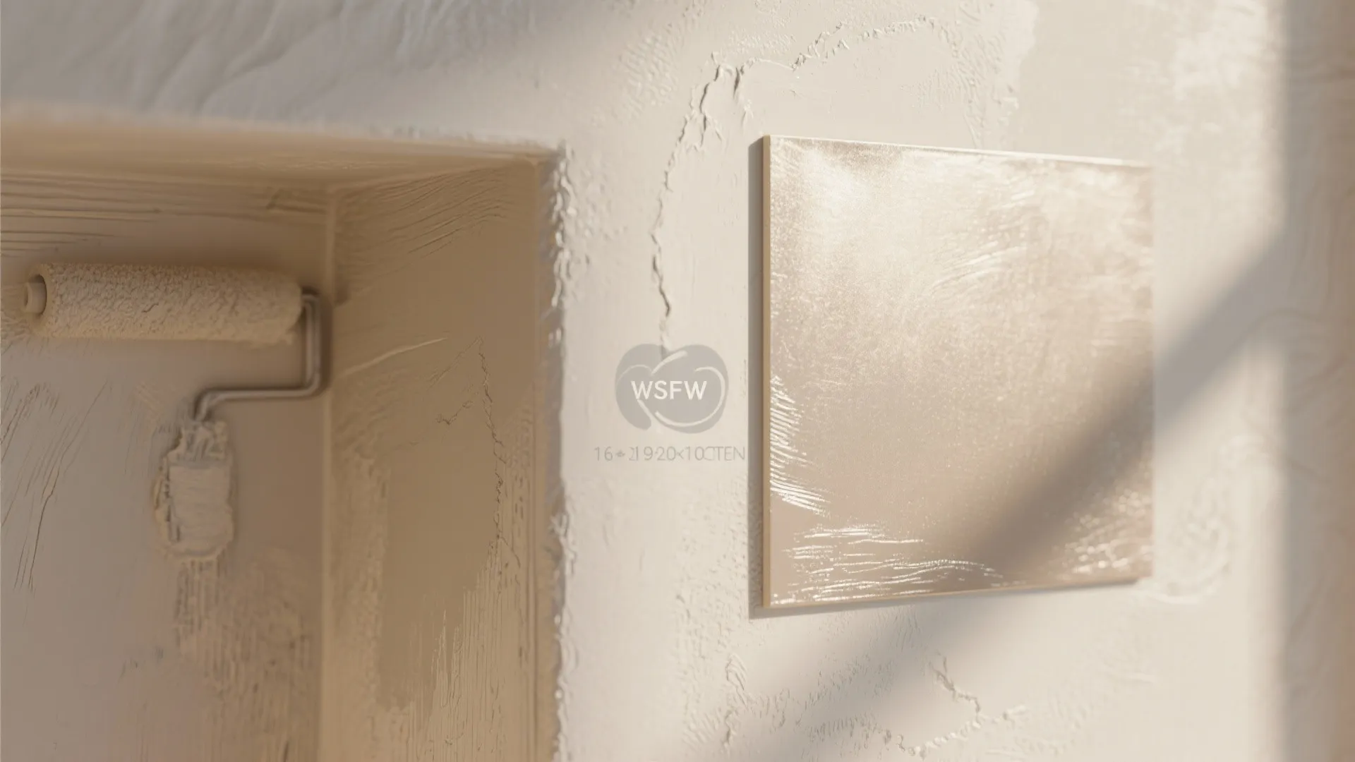 Close up of cream textured wall paint with a paint roller and a sample board